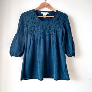 Studio M Teal Knit Babydoll Puff Sleeve Boho Sweater L